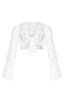Tall Cream Textured Knot Front Detail Crop Top
