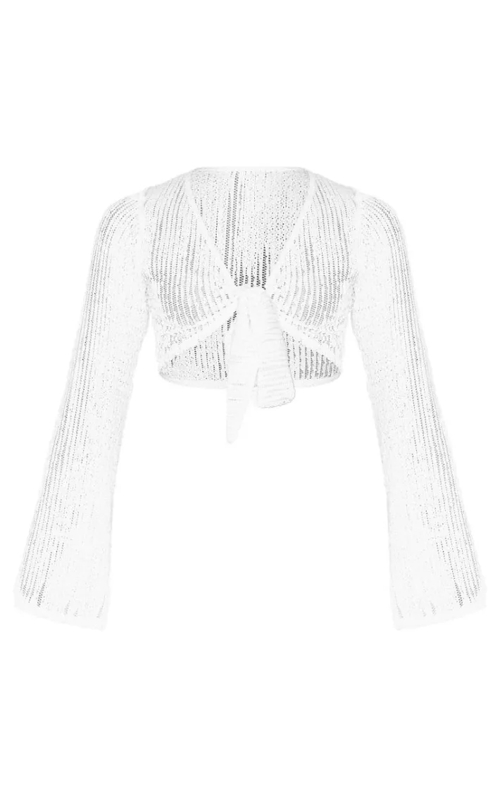 Tall Cream Textured Knot Front Detail Crop Top