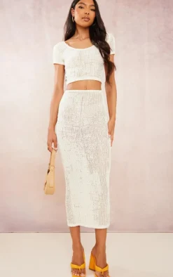 New PrettyLittleThing Tall Textured Low Rise Midaxi Skirt Cream