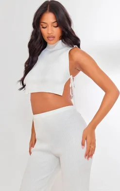 Clearance PrettyLittleThing Tall Tie Side Rib Knit Crop Top Cream