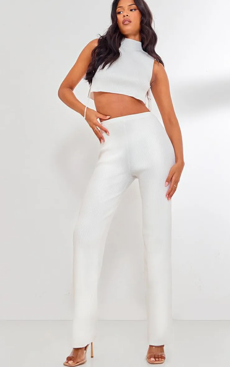 Clearance PrettyLittleThing Tall Tie Side Rib Knit Crop Top Cream