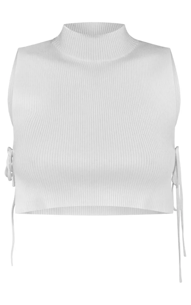 Clearance PrettyLittleThing Tall Tie Side Rib Knit Crop Top Cream