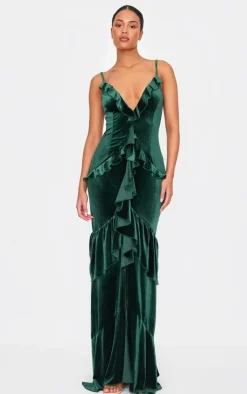 Tall Velvet Textured Frill Maxi Dress-PrettyLittleThing Clearance