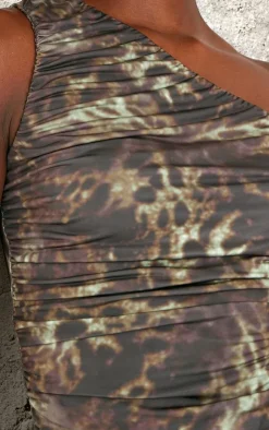Hot PrettyLittleThing Tall Slinky Ruched Detail One Shoulder Crop Top Dark Khaki