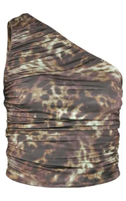 Hot PrettyLittleThing Tall Slinky Ruched Detail One Shoulder Crop Top Dark Khaki