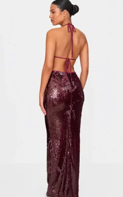 Tall Sequin Plunge Halter Neck Maxi Dress-PrettyLittleThing Clearance