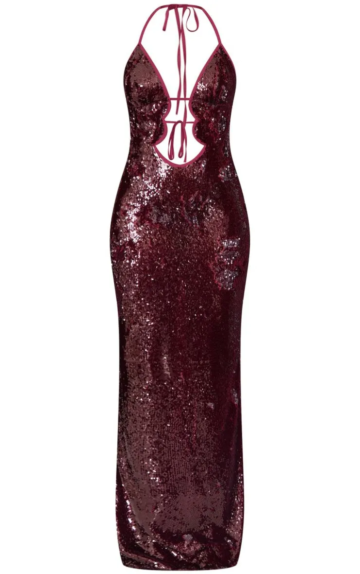 Tall Sequin Plunge Halter Neck Maxi Dress-PrettyLittleThing Clearance