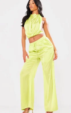 PrettyLittleThing Tall Drawstring Satin Pants Green