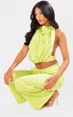 New PrettyLittleThing Tall Satin Cowl Neck Top Green