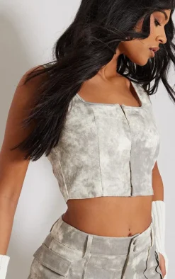 PrettyLittleThing Tall Acid Wash Hook And Eye Corset Top Grey