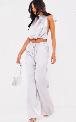 Online PrettyLittleThing Tall Drawstring Satin Pants Grey