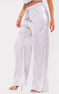 Online PrettyLittleThing Tall Drawstring Satin Pants Grey