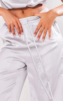 Online PrettyLittleThing Tall Drawstring Satin Pants Grey