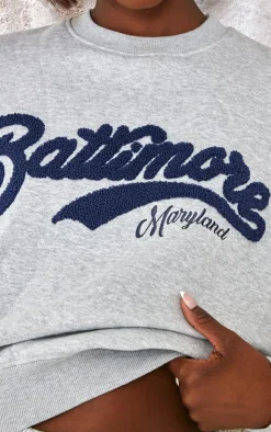 Discount PrettyLittleThing Tall Baltimore Borg Applique Detail Oversized Sweatshirt Grey Marl