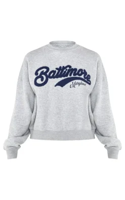 Discount PrettyLittleThing Tall Baltimore Borg Applique Detail Oversized Sweatshirt Grey Marl