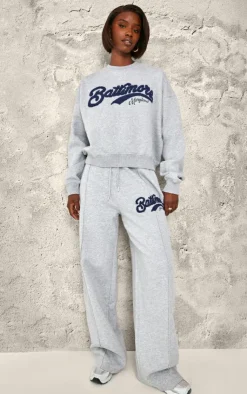 Best PrettyLittleThing Tall Baltimore Borg Applique Detail Wide Leg Sweatpants Grey Marl