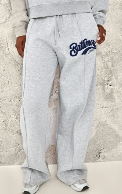 Best PrettyLittleThing Tall Baltimore Borg Applique Detail Wide Leg Sweatpants Grey Marl