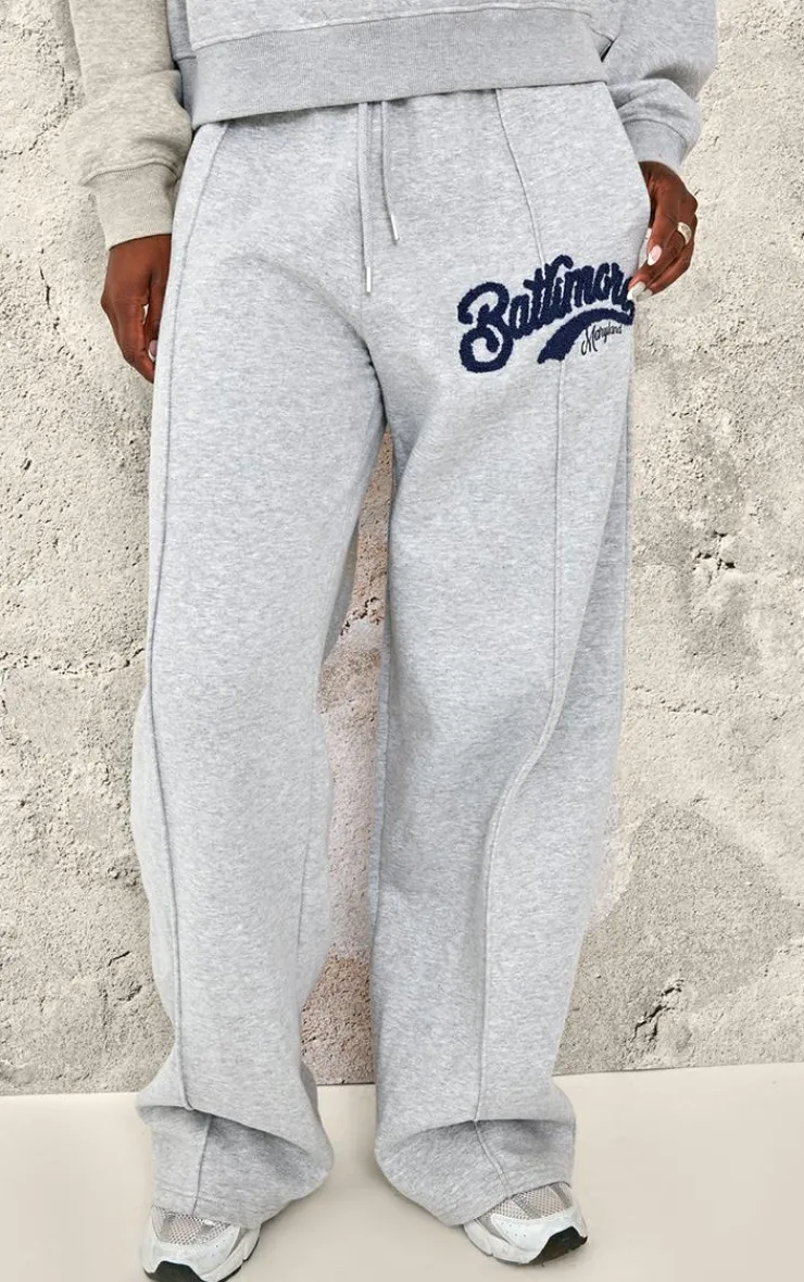 Best PrettyLittleThing Tall Baltimore Borg Applique Detail Wide Leg Sweatpants Grey Marl