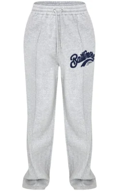 Best PrettyLittleThing Tall Baltimore Borg Applique Detail Wide Leg Sweatpants Grey Marl