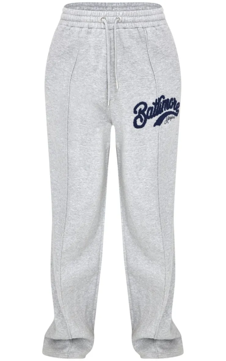 Best PrettyLittleThing Tall Baltimore Borg Applique Detail Wide Leg Sweatpants Grey Marl
