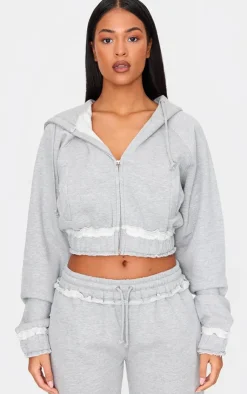 PrettyLittleThing Grey Sweatsuits*Tall Distressed Hem Cropped Zip Up Hoodie