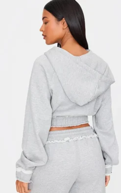 PrettyLittleThing Grey Sweatsuits*Tall Distressed Hem Cropped Zip Up Hoodie