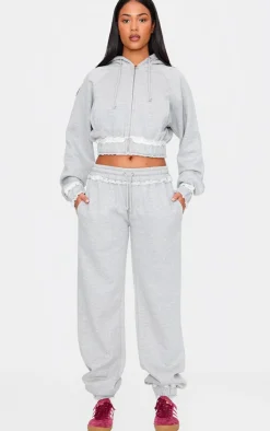 PrettyLittleThing Grey Sweatsuits*Tall Distressed Hem Cropped Zip Up Hoodie