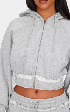 PrettyLittleThing Grey Sweatsuits*Tall Distressed Hem Cropped Zip Up Hoodie