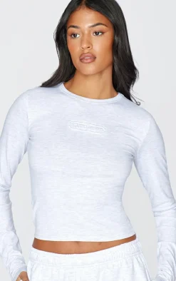 Discount PrettyLittleThing Tall Embossed Studio Archives Long Sleeve T Shirt Grey Marl