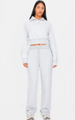 New PrettyLittleThing Tall Fold Over Straight Leg Sweatpants Grey Marl