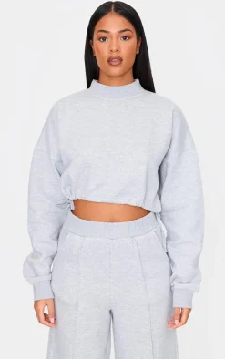 Outlet PrettyLittleThing Tall High Neck Tie Waist Crop Sweatshirt Grey Marl