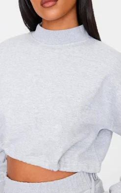 Outlet PrettyLittleThing Tall High Neck Tie Waist Crop Sweatshirt Grey Marl