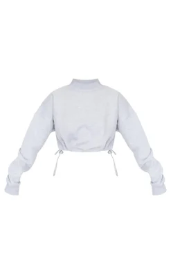 Outlet PrettyLittleThing Tall High Neck Tie Waist Crop Sweatshirt Grey Marl