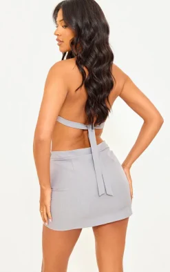 New PrettyLittleThing Tall Open Back Halterneck Top Grey
