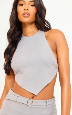 New PrettyLittleThing Tall Open Back Halterneck Top Grey