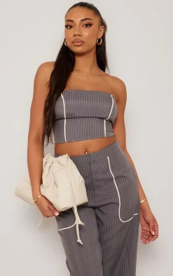 Discount PrettyLittleThing Tall Pinstripe Bandeau Zip Up Top Grey
