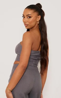 Discount PrettyLittleThing Tall Pinstripe Bandeau Zip Up Top Grey