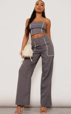 Discount PrettyLittleThing Tall Pinstripe Bandeau Zip Up Top Grey