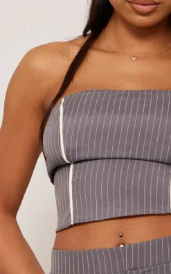 Discount PrettyLittleThing Tall Pinstripe Bandeau Zip Up Top Grey