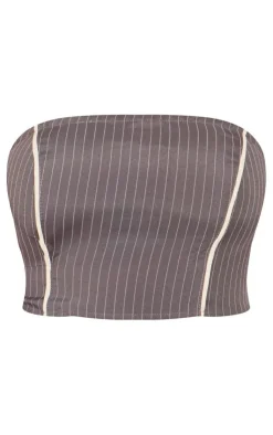 Discount PrettyLittleThing Tall Pinstripe Bandeau Zip Up Top Grey