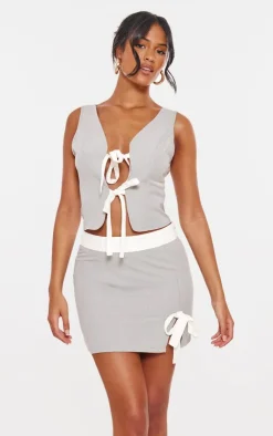 Online PrettyLittleThing Tall Pinstripe Bow Detail Mini Skirt Grey
