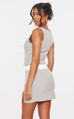 Outlet PrettyLittleThing Tall Pinstripe Open Tie Front Crop Top Grey