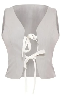 Outlet PrettyLittleThing Tall Pinstripe Open Tie Front Crop Top Grey