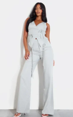 Sale PrettyLittleThing Tall Pinstripe Tie Front Detail Straight Leg Pants Grey