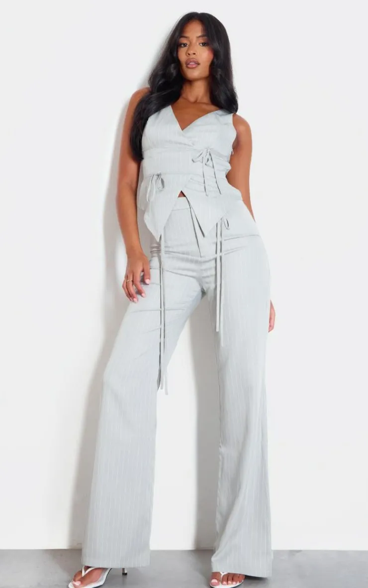 Sale PrettyLittleThing Tall Pinstripe Tie Front Detail Straight Leg Pants Grey