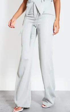 Sale PrettyLittleThing Tall Pinstripe Tie Front Detail Straight Leg Pants Grey