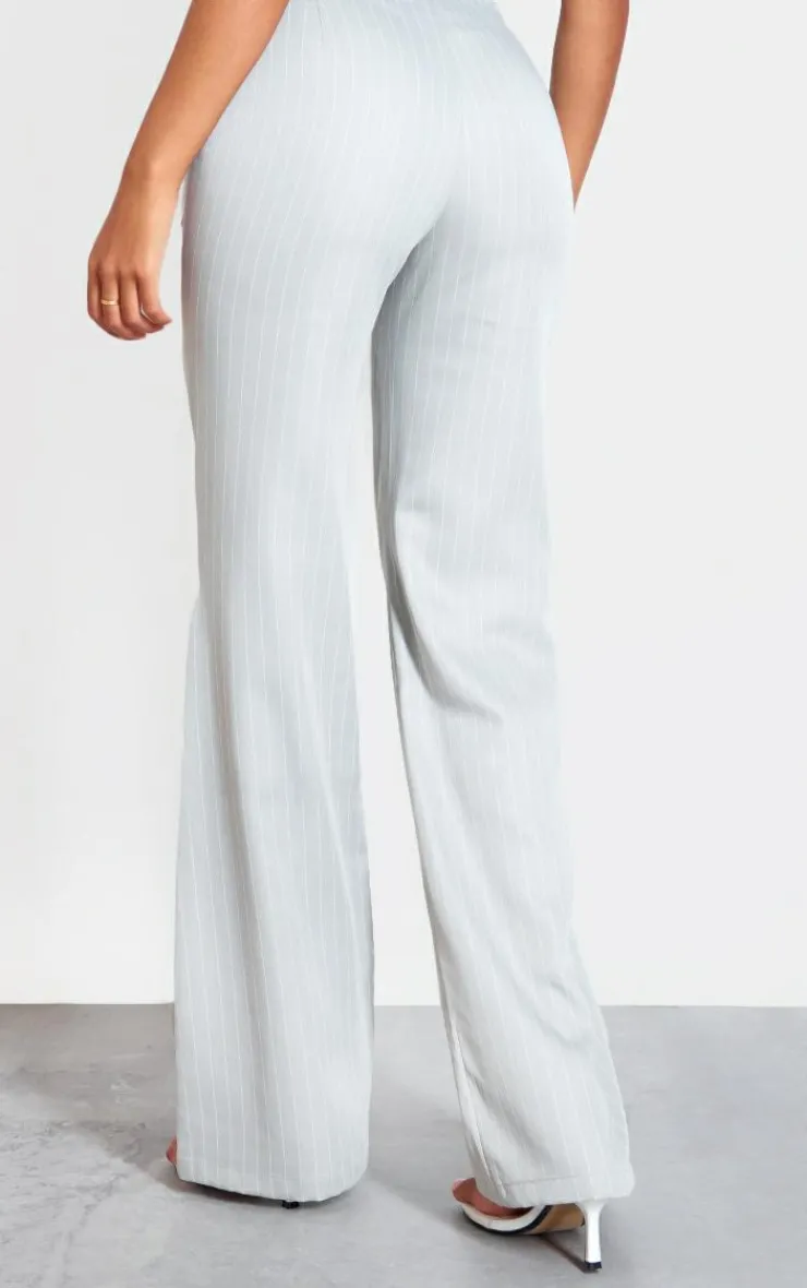 Sale PrettyLittleThing Tall Pinstripe Tie Front Detail Straight Leg Pants Grey
