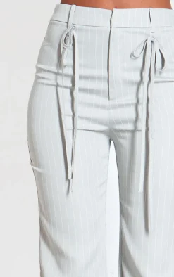 Sale PrettyLittleThing Tall Pinstripe Tie Front Detail Straight Leg Pants Grey