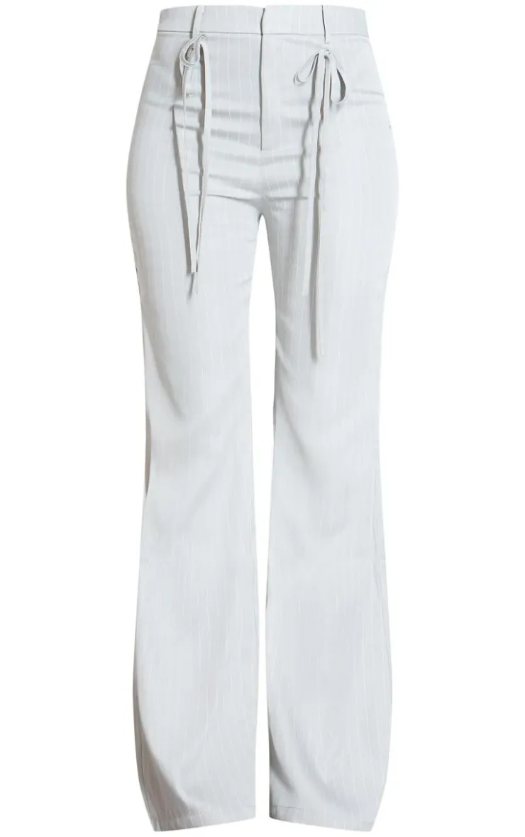 Sale PrettyLittleThing Tall Pinstripe Tie Front Detail Straight Leg Pants Grey