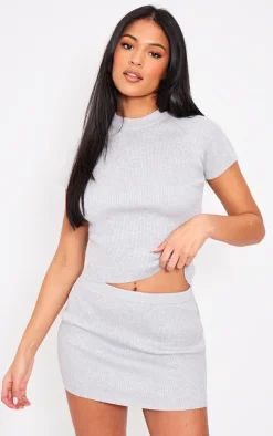 Online PrettyLittleThing Tall Rib Detail Knit Micro Mini Skirt Grey